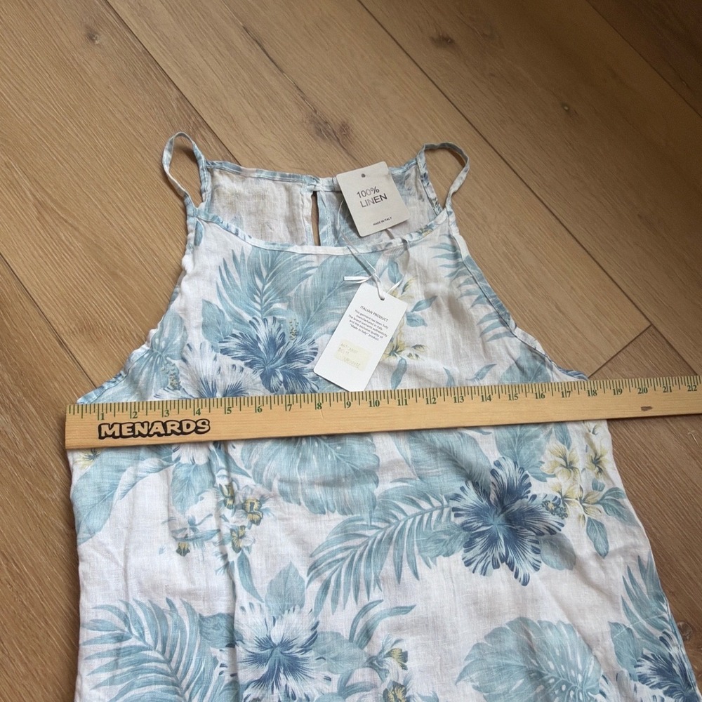 Linen Grand Italy Floral 100% Linen Midi Dress Blue Tropical Sleeveles medium - Picture 3 of 9